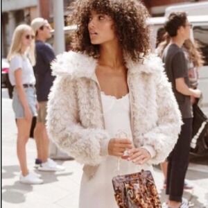 Reformation Freddy Mac Cream Faux Fur Cropped teddy Jacket Hooded bomber Coat XS